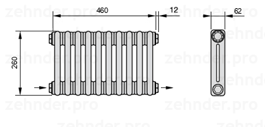 Схема (чертеж) Радиатор Zehnder Charleston 2026/10 №2670 Белый глянцевый RAL 9016